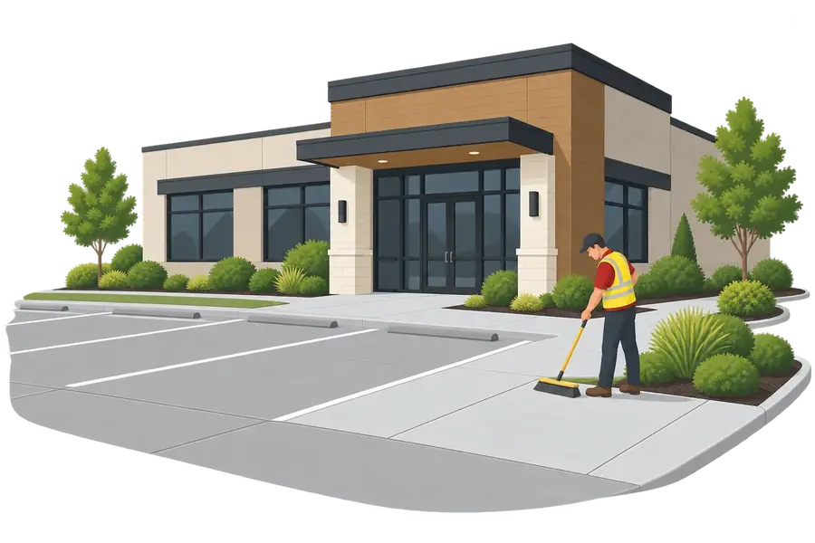 Illustration of a crew finishing a concrete parking lot at a commercial building