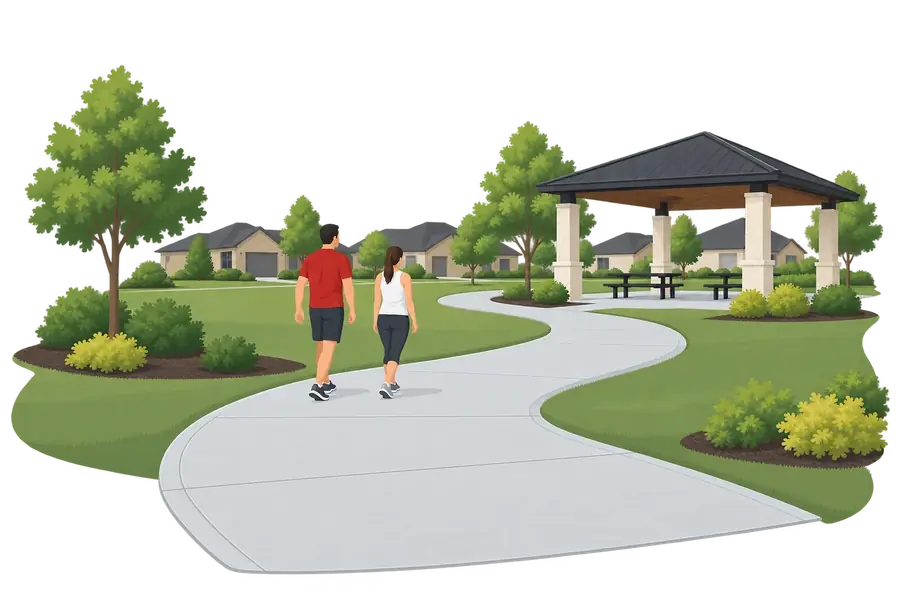 Illustration of people walking a concrete trail to a community pavilion