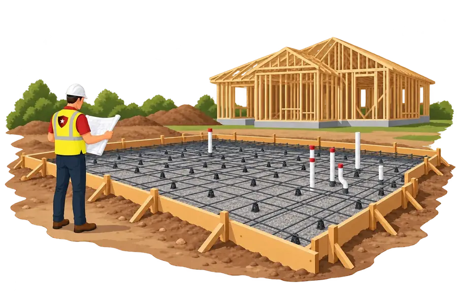 Illustration of a builder reviewing plans beside a rebar-reinforced foundation and framed house