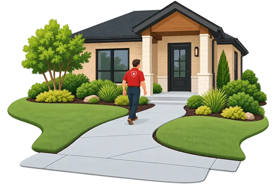 Illustration of a homeowner walking a new concrete lead walk to the front door